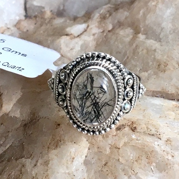 TOURMALINE IN QUARTZ boho filigree solid 925 sterling silver ring 8.5 NWT - Picture 1 of 7